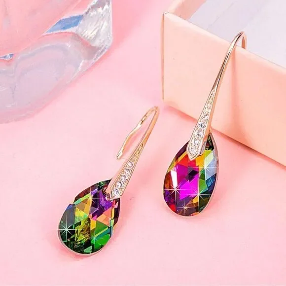 14K Yellow Gold with Vitrail Medium Austrian Crystal Teardrop Drop Hook Earrings